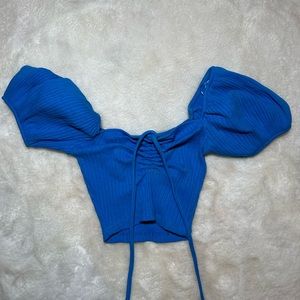 Electric Blue Zara Cropped Shirt with Puffed Sleeves